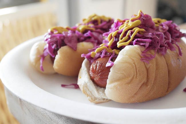 homemade sauerkraut and Hebrew National hot dogs