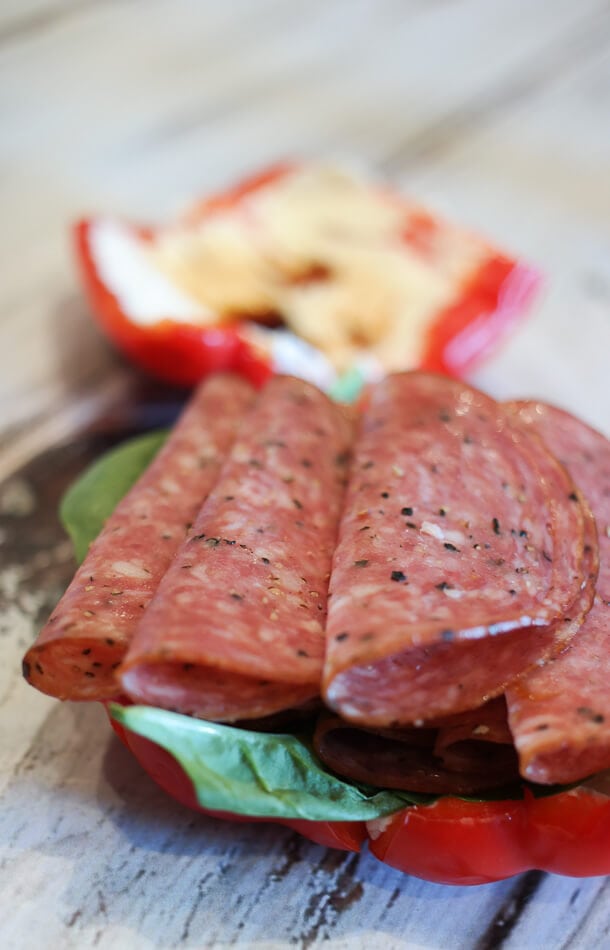 salami layered with spinach, cream cheese and balsamic