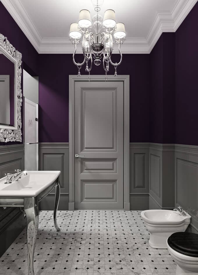 Bathroom decor ideas: purple paint and chandelier