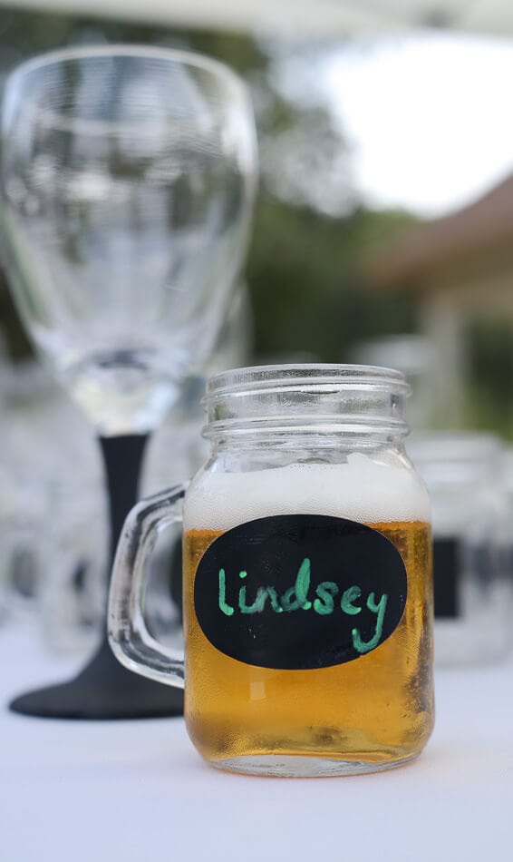 Mini mugs with chalk labels and chalk paint - perfect for an outdoor wedding takeaway if you can have a keg!