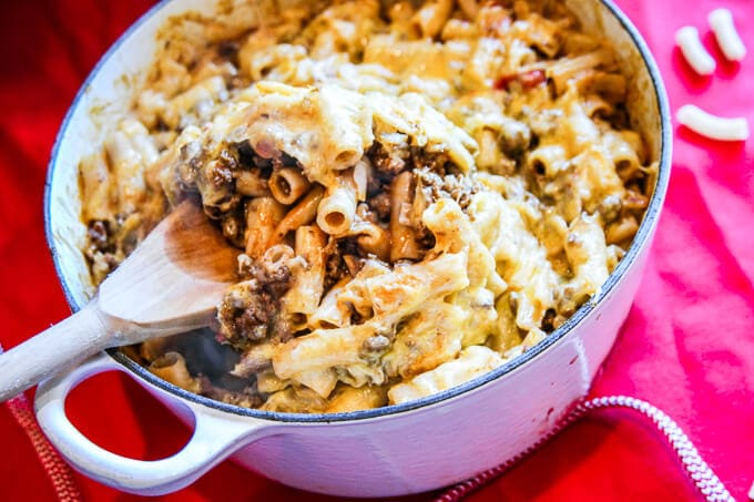 Sloppy Joe macaroni casserole that can be made in just one pot for a quick dinner