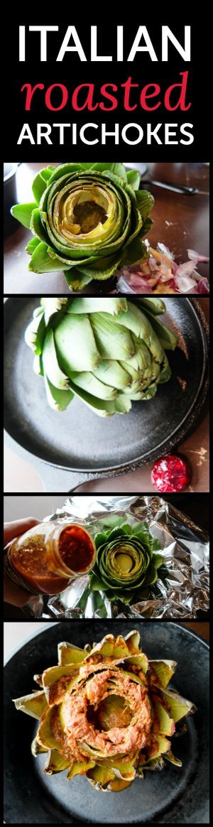 How to make easy Italian oven-roasted artichokes with three ingredients. Just pour some premade sauce over and cook. The flavors will seep in and the result is WAY better than boiling.