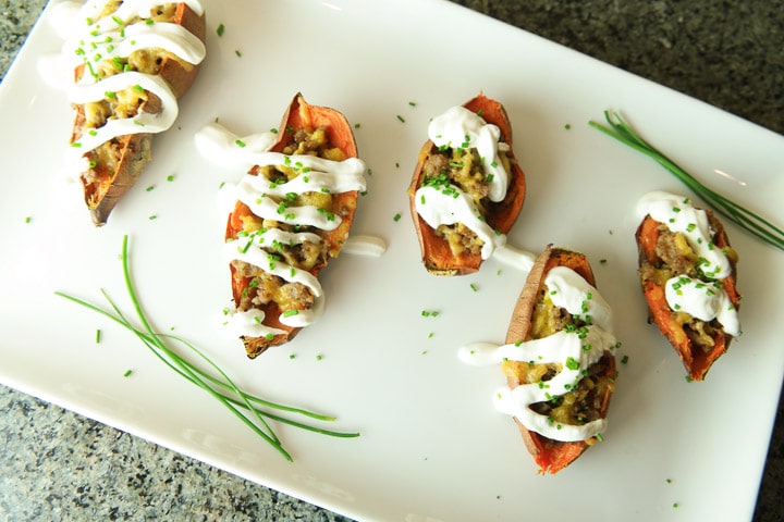 Loaded sweet potato skins made with ground Italian sausage, cheese, sour cream and chives.