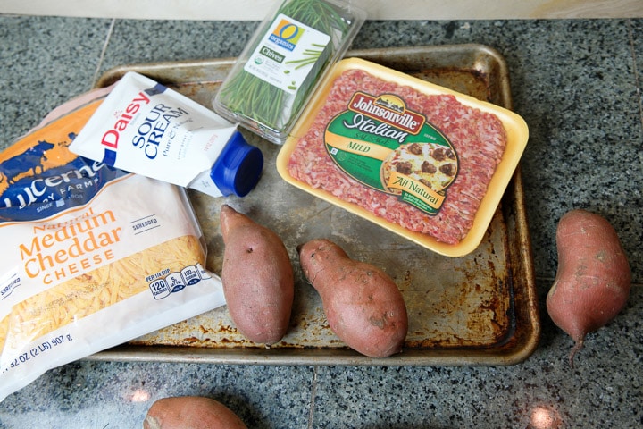 Loaded sweet potato skins made with ground Italian sausage, cheese, sour cream and chives.