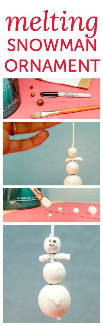 Melting snowman ornament craft made with macaroni, beads and paint