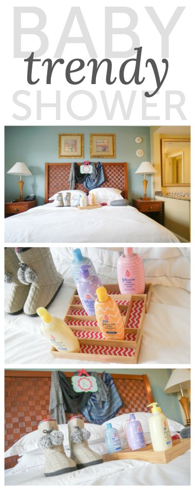 How to set up an easy, trendy baby shower: rent a hotel suite (you can do it on the cheap at a spot like Embassy Suites or Homewood) and create a cute setup with functional items that the mom can take away. Perfect for a busy, traveling mom-to-be AND she'll appreciate having a night away to herself as well as a big tub to soak in.