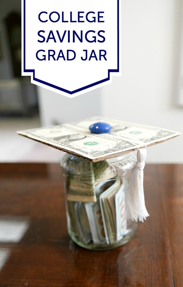 A super-easy college savings jar made with a cardboard grad hat lid. This would be a really great way to gift money to a teen