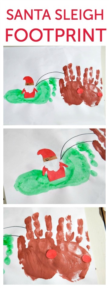 Santa sleigh footprint kids craft. The sleigh is a footprint and the reindeer are handprints!