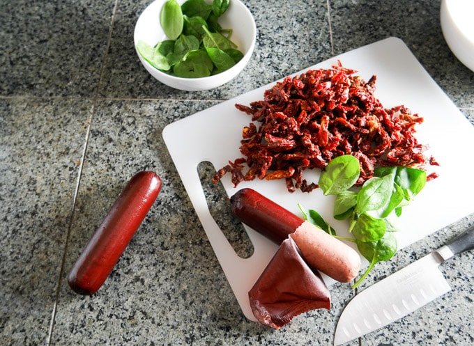 Red and green summer sausage salad (looks festive served at a holiday party, but the recipe works for any time of year)