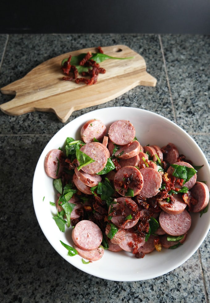 Red and green summer sausage salad (looks festive served at a holiday party, but the recipe works for any time of year)