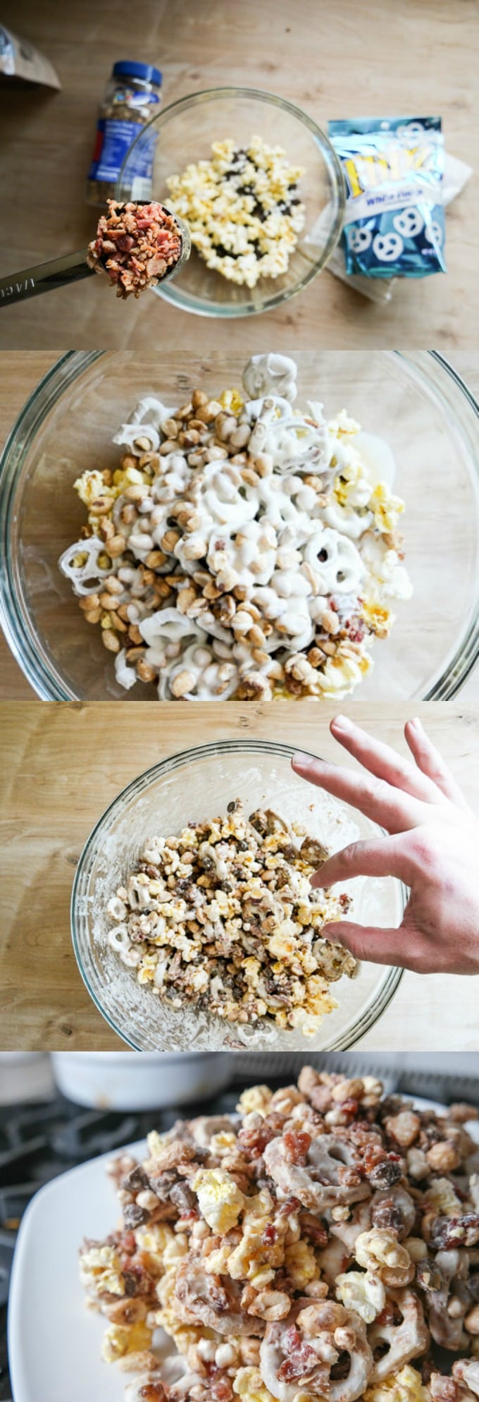 White chocolate bacon snack mix made with white chocolate-covered pretzels, diced bacon, semi-sweet chocolate chips, peanuts, mini marshmallows...this sweet and salty combo is a HUGE win in my house!