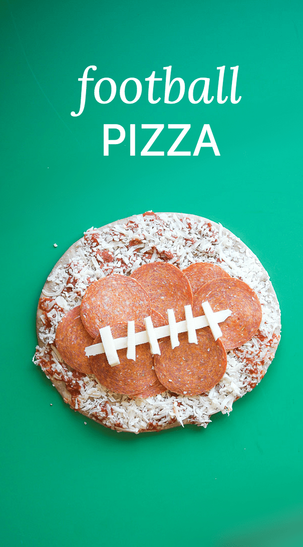 Football pizza with pepperoni. This is a super-cute way to serve pizza for a football game - and SOOOO easy!