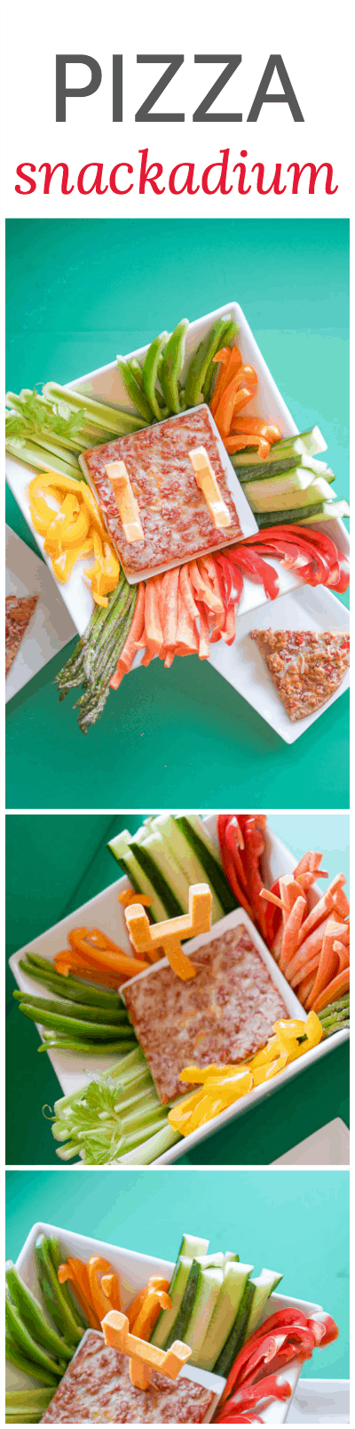 Pizza snackadium with veggie dippers. This is a super-cute way to serve pizza for a football game!
