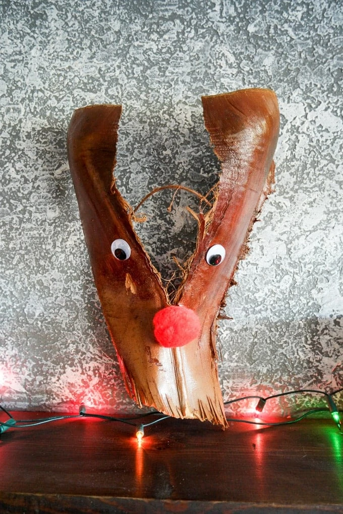 Palm Frond Rudolph made with a craft pom, googly eyes and the base of a palm frond