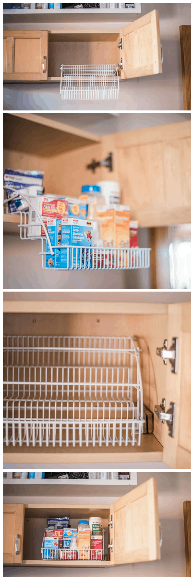Super-simple medicine cabinet organization with a pull-down spice rack.