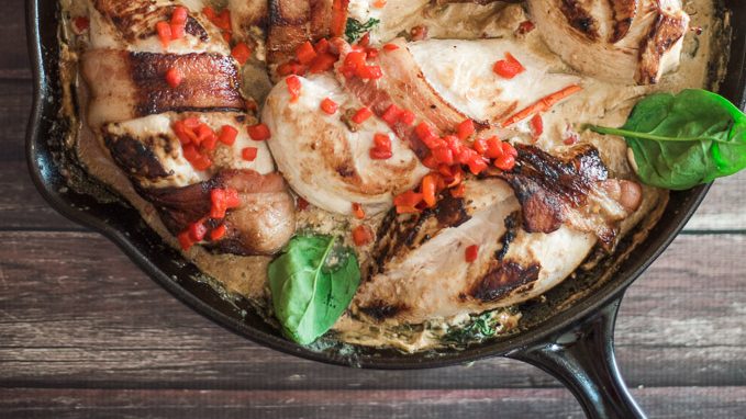 20-minute one skillet creamy spinach bacon chicken (wow, that's a mouthful!)