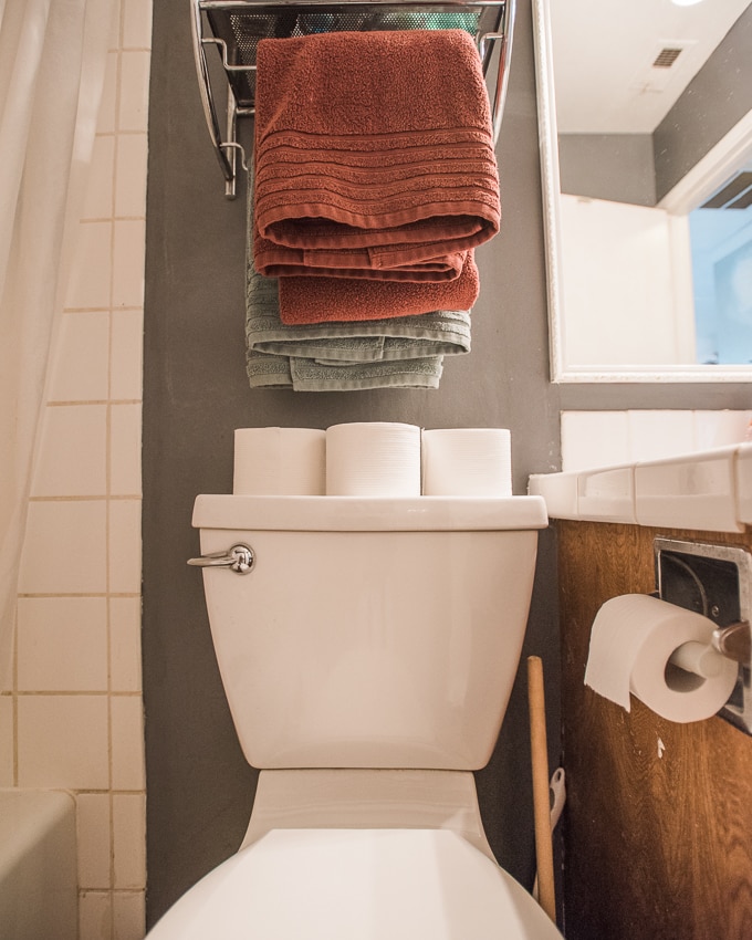 How to corral bathroom clutter - get the spare TP rolls contained!