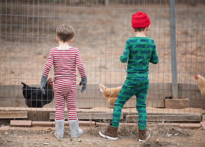 Watching the chickens in our pajamas