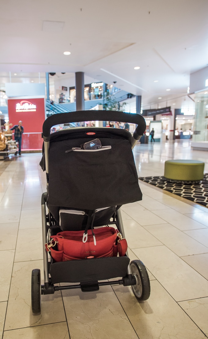There's plenty of space in this stroller to stash the purse in the bottom AND keep all the gear handy up-top.
