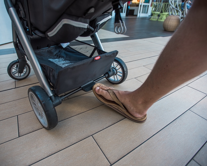 Braking the Cubby stroller in flip-flops