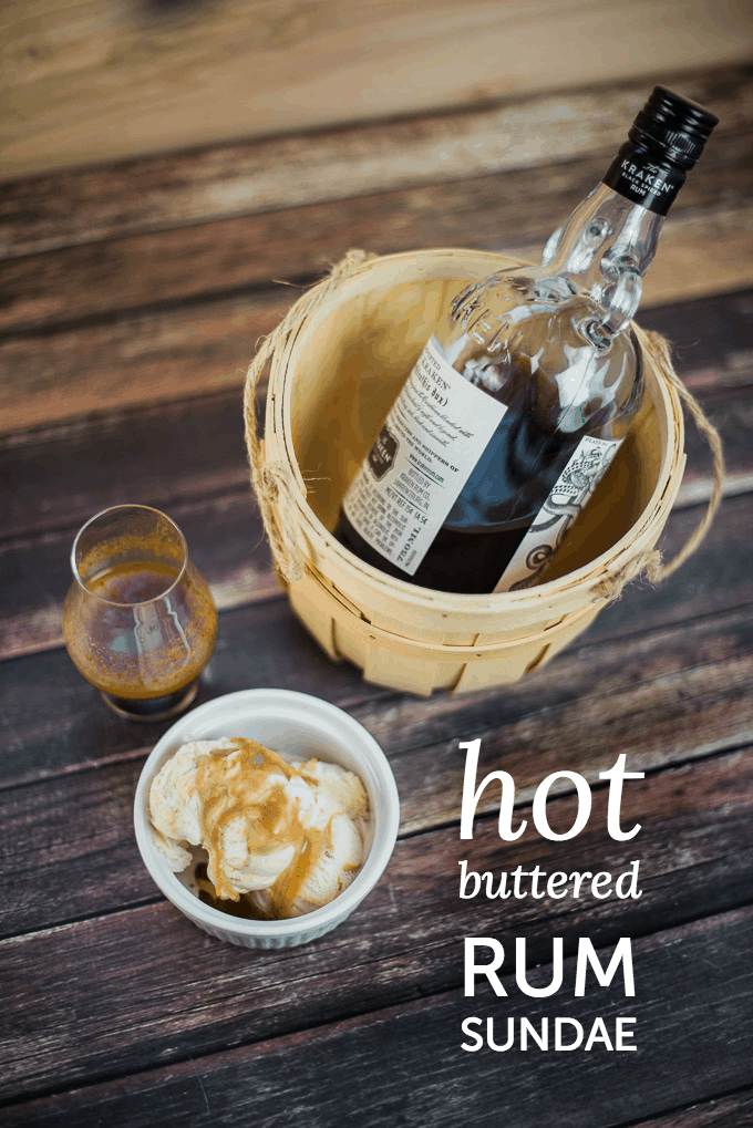 Hot buttered rum sundae made with equal parts rum, butter and brown sugar simmered together with some cinnamon, nutmeg and cloves.