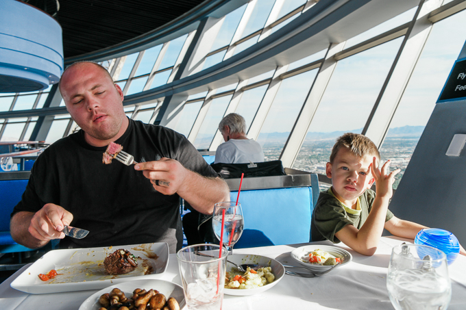 Taking kids to eat at the Top of the World fine dining restaurant in the Stratosphere, Las Vegas.
