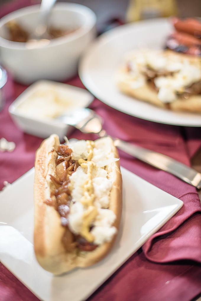 Seattle hot dog: caramelized onions, spicy mustard, sauerkraut and one other special ingredient!
