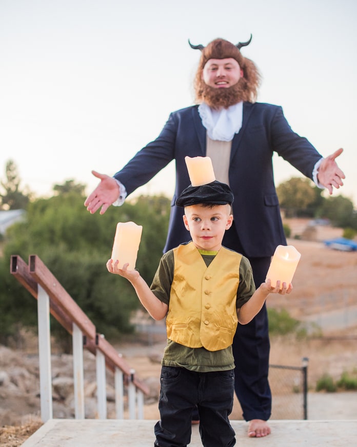 Presenting Lumière and The Beast! These DIY Beauty and the Beast family costumes were easy to create with a few Amazon pieces (and the candles are battery-operated and can be re-used for home decor).