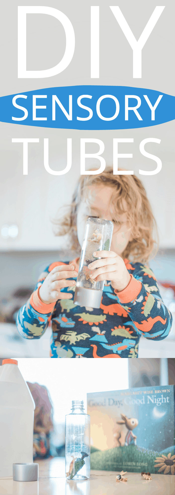 DIY sensory tubes for story time made with 2 ingredients + a water bottle and trinkets