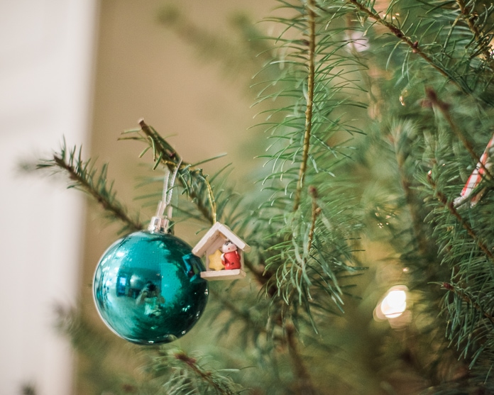 Christmas tree with ornaments on one branch