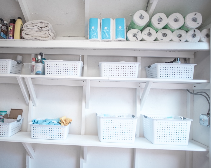 Outdoor laundry shed shelving to organize all the household stuff
