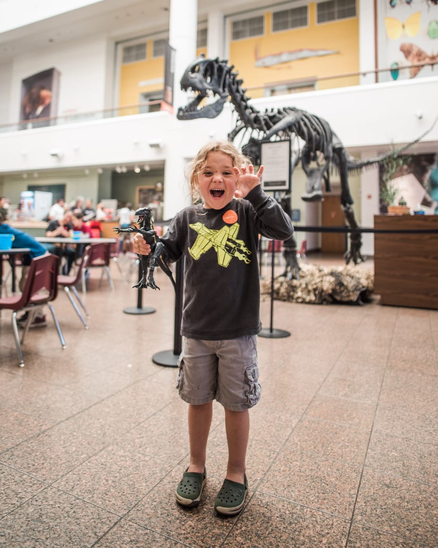 happy kid with toy dinosaur