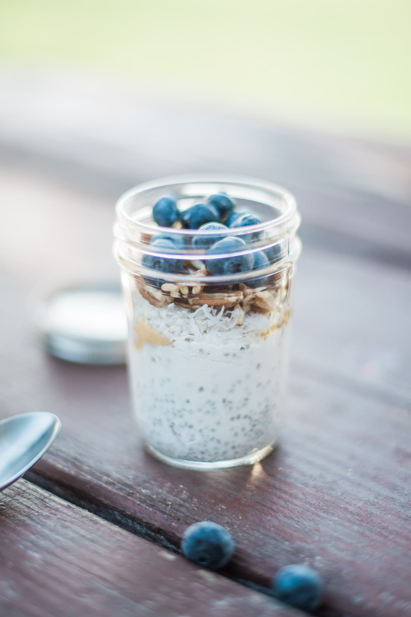Chia pudding with almond butter in a mason jar