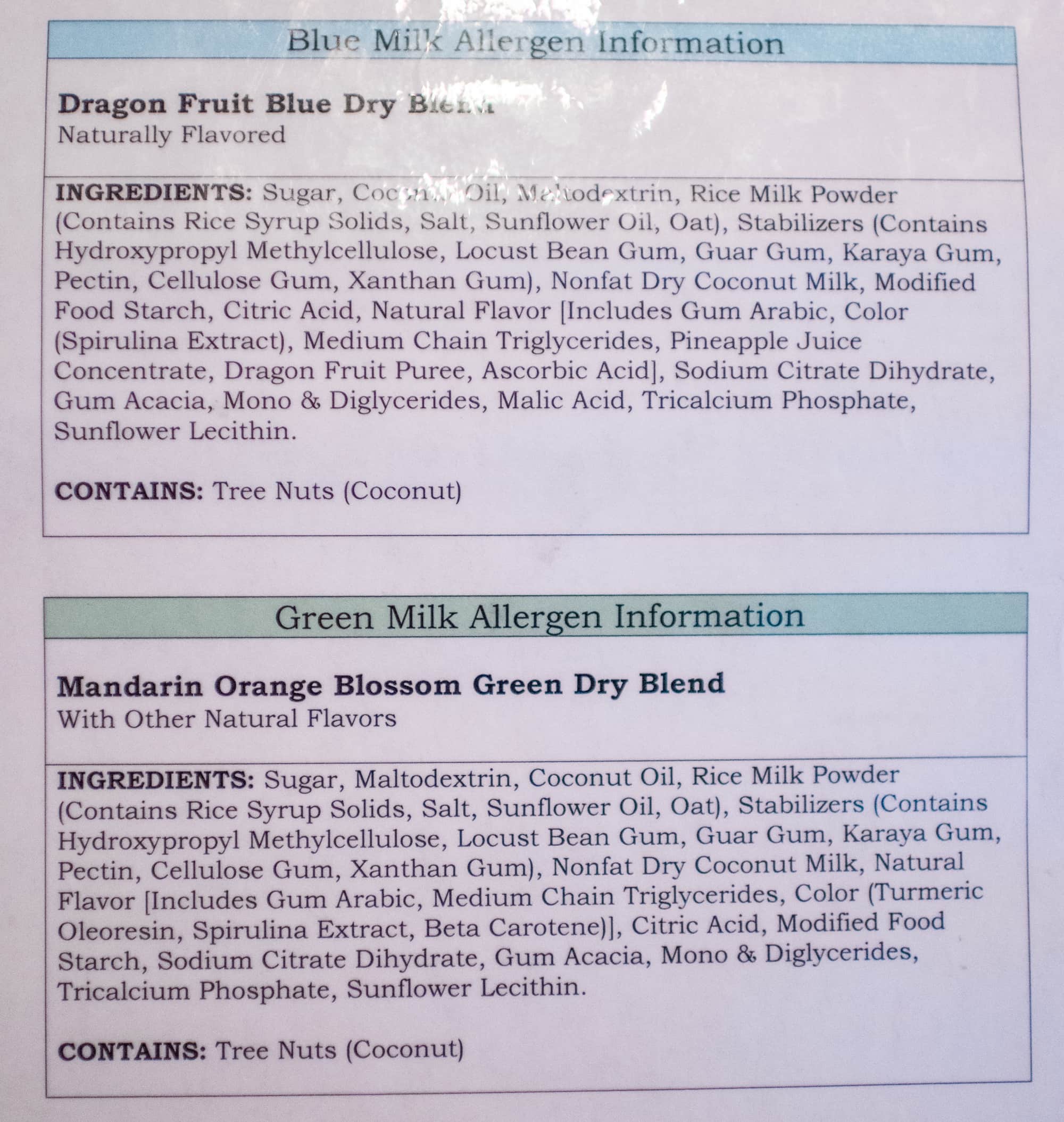 Blue Milk ingredient list Green Milk ingredient list