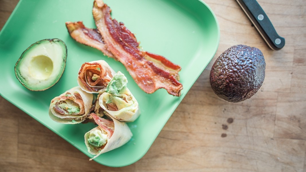 Bacon avocado roll ups with honey mustard featured
