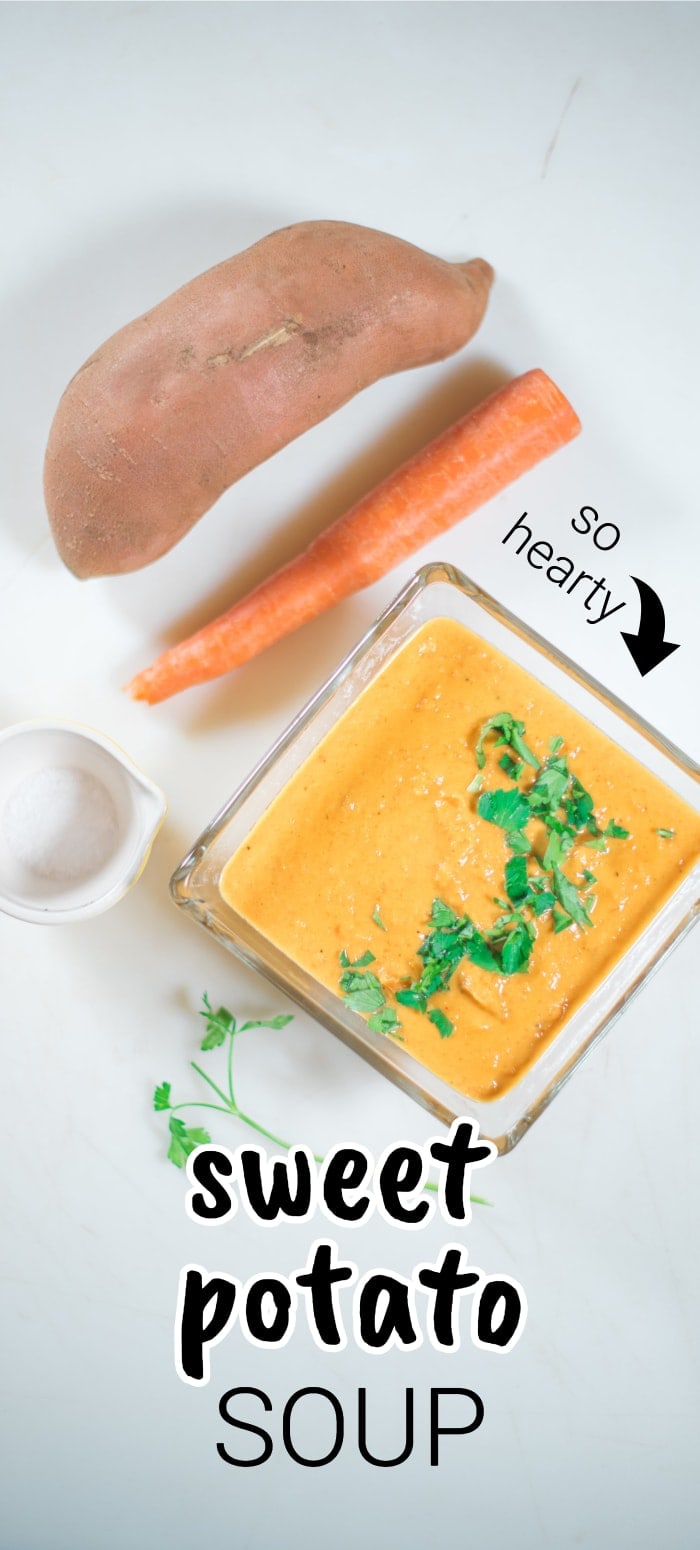 Sweet potato carrot soup thats hearty and delicious perfect for soup month