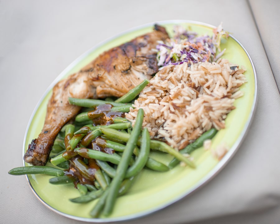 Gourmet grilled chicken and brown rice while american white water rafting
