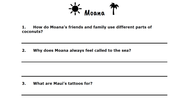 Moana Movie Questions Worksheet Printable