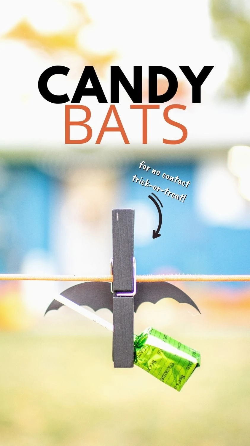 Candy bats clipped on a clothesline at the front of your yard is the perfect solution for a no contact halloween with trick or treating