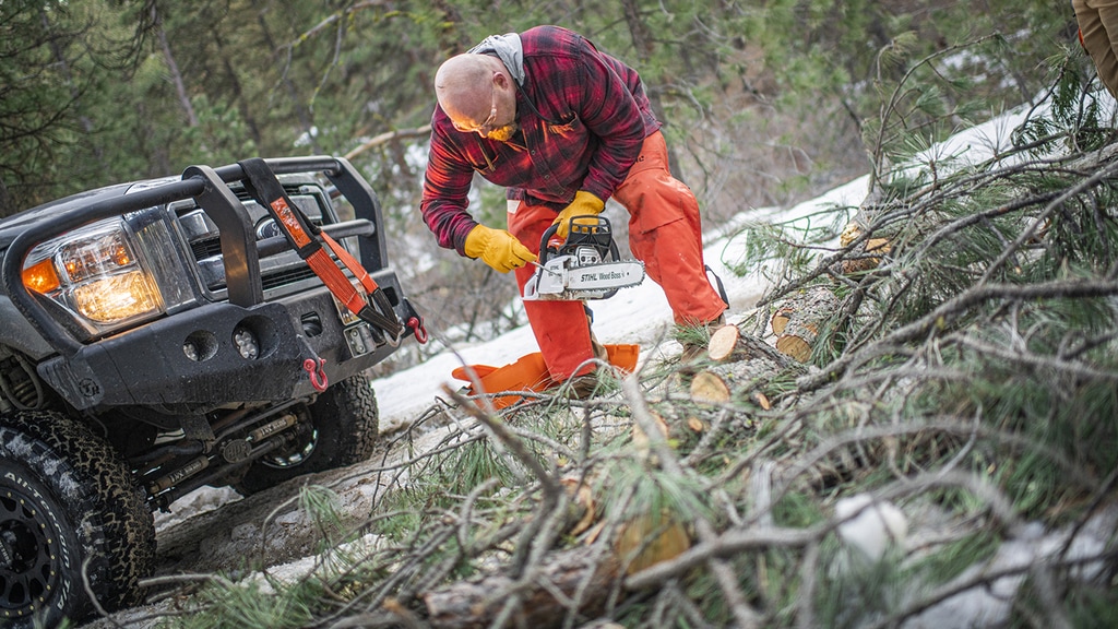 Using stihl chainsaw truck gear to clear the road