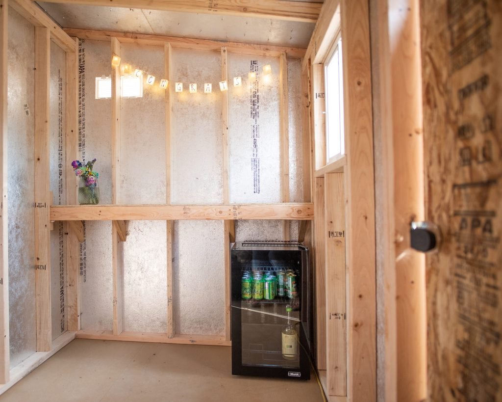 mini refrigerator in she shed
