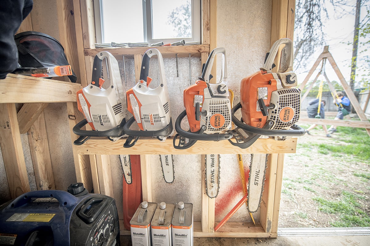 Wall mounting stihl chainsaws is how nate day stores his ms 391 ms 251 msa 200 and msa 220