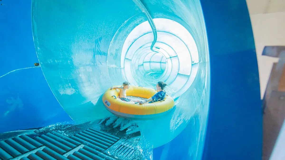 Mom and son on great wolf lodge slide